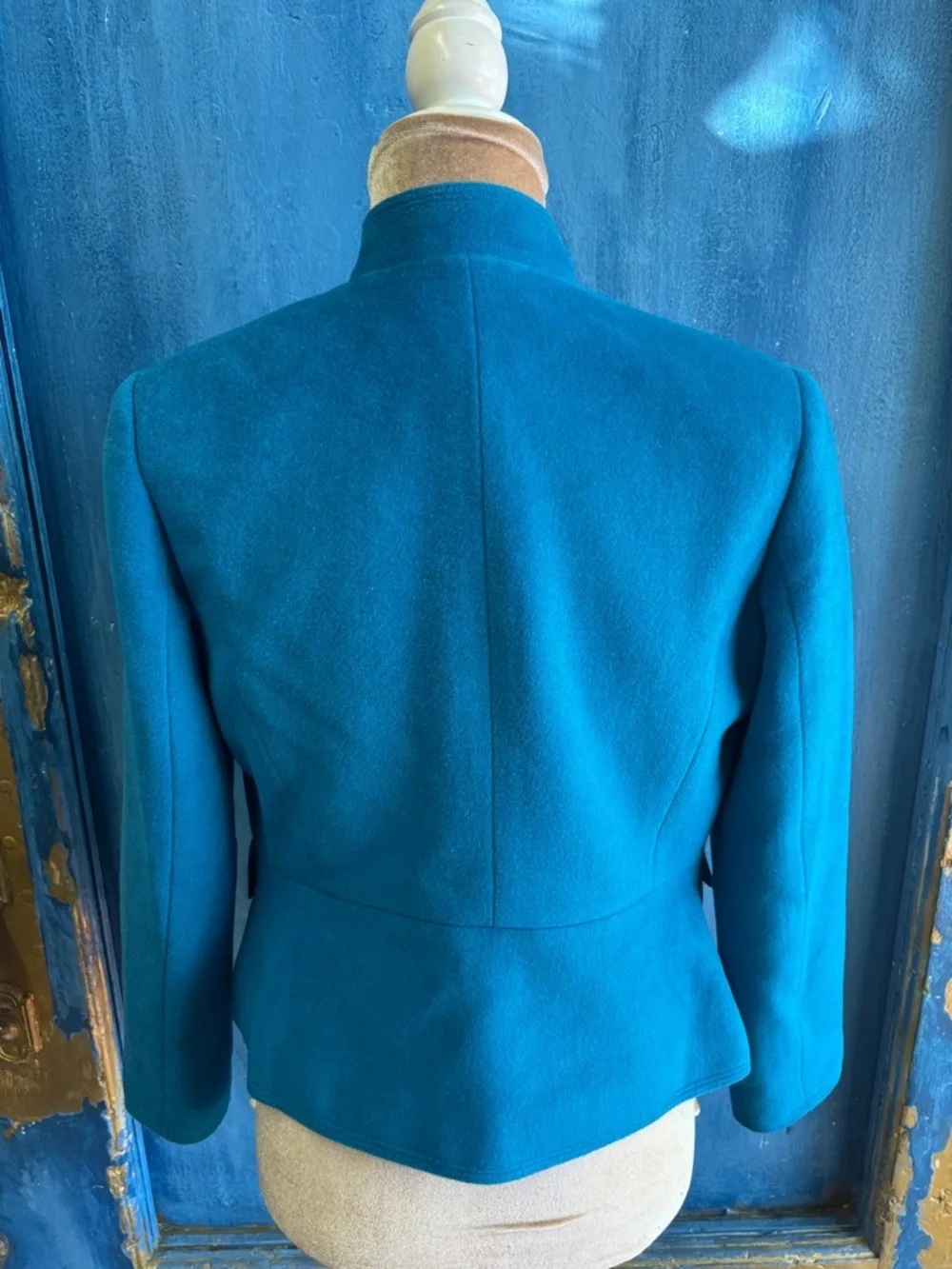 Blue Mandarin Collar Wool Blend Jacket